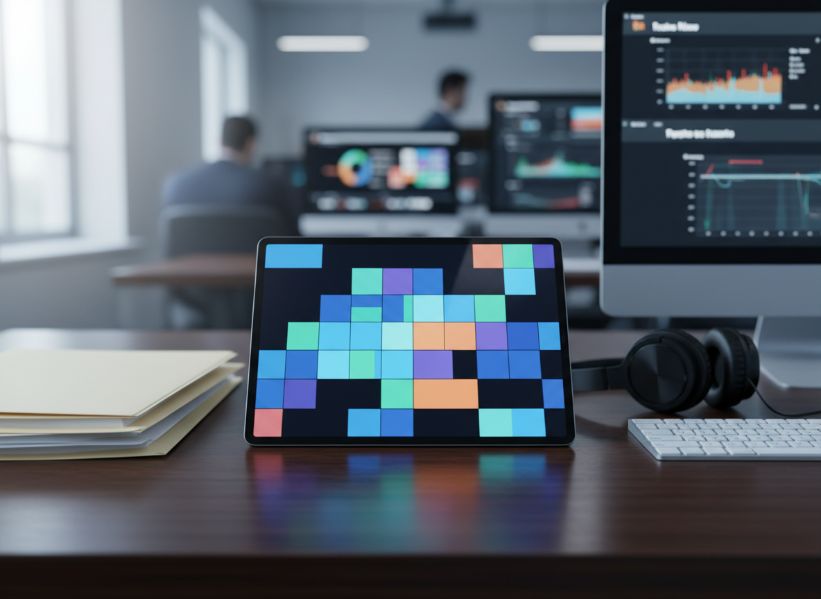 A sleek, ultra-thin digital tablet lying on a dark walnut newsroom desk, its luminous screen displaying a collage of trending headlines as abstract colored blocks rather than readable text. Surrounding the tablet are neatly stacked neutral-toned folders, a modern wireless keyboard, and a pair of over-ear headphones resting on one side. Cool, diffused monitor light and soft daylight from an unseen window blend together, creating gentle reflections on the tablet’s glass surface. Shot from a slightly elevated angle with shallow depth of field, the background becomes a soft bokeh of additional screens and blurred charts. The photographic realism, clean lines, and balanced composition convey a fast-paced yet professional hub for viral news discovery across multiple categories.
